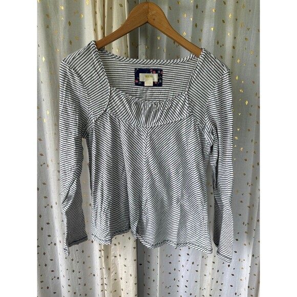 Anthropologie MaEve Kenley Mini Pleats Neckline Stripe Long Sleeve Top M - Picture 5 of 10